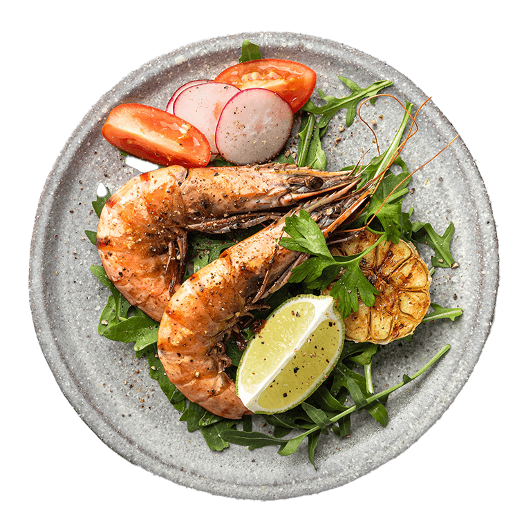 grilled-tiger-prawns-with-vegetables-ceramic-plate-top-view-place-text copy